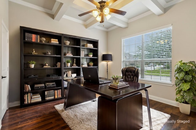 office space with coffered ceiling, ceiling fan, ornamental molding, beamed ceiling, and dark hardwood / wood-style flooring