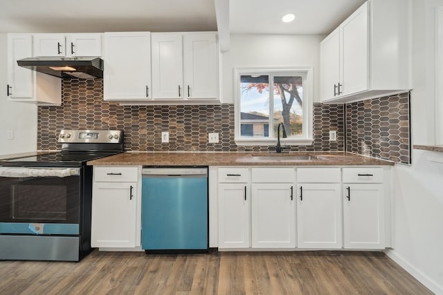 kitchen featuring sink, stainless steel appliances, range hood, decorative backsplash, and white cabinets