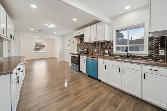 kitchen featuring sink, white cabinets, stainless steel appliances, and dark hardwood / wood-style floors