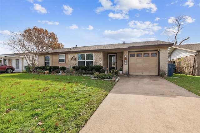 single story home with a garage and a front lawn