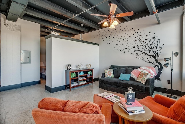 living room with ceiling fan and electric panel