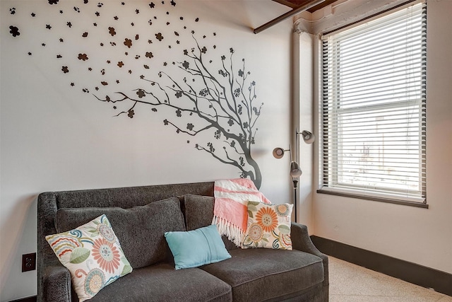 living room with a healthy amount of sunlight and carpet flooring