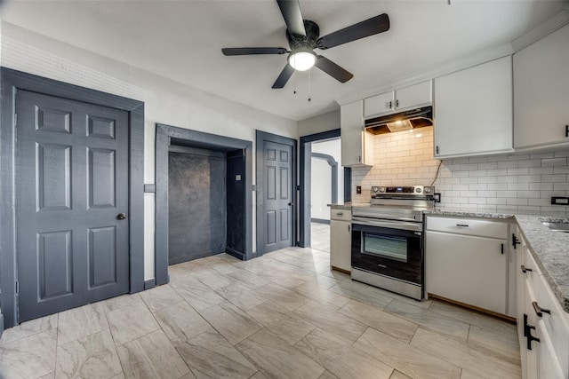 kitchen with tasteful backsplash, white cabinetry, stainless steel range with electric cooktop, and ceiling fan