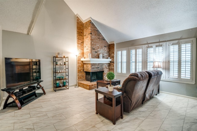 living room with a fireplace, a textured ceiling, and lofted ceiling