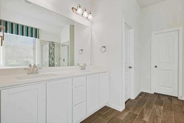 bathroom with vanity and walk in shower