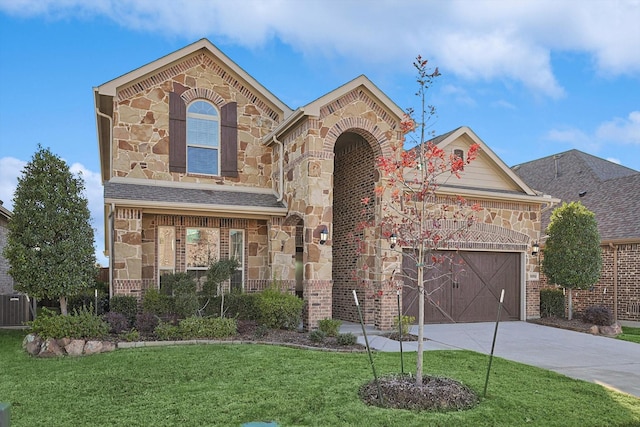 view of front of home featuring central AC, a garage, and a front lawn