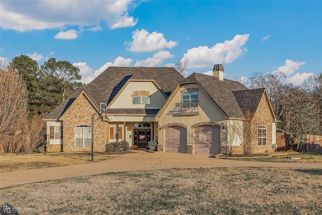 view of front facade with a garage and a front lawn