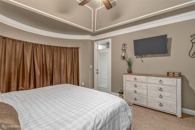 bedroom with crown molding, carpet flooring, and ceiling fan