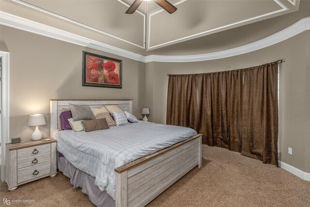 bedroom featuring light carpet, crown molding, and ceiling fan