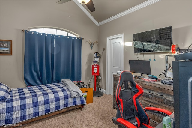 carpeted bedroom featuring crown molding, vaulted ceiling, and ceiling fan