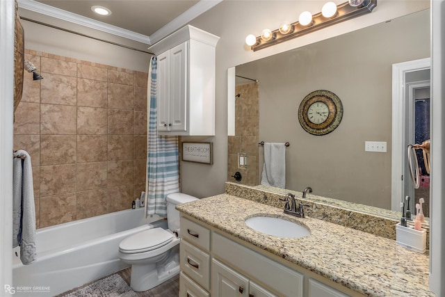 full bathroom featuring vanity, ornamental molding, shower / bath combination with curtain, and toilet