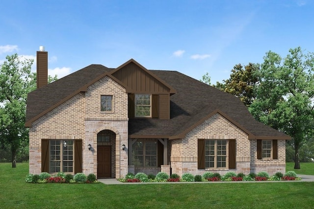 view of front of home with brick siding, board and batten siding, and a front yard