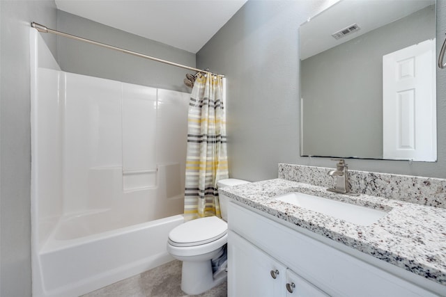 full bathroom with vanity, toilet, and shower / bathtub combination with curtain