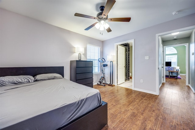 bedroom with hardwood / wood-style flooring, ceiling fan, and multiple windows