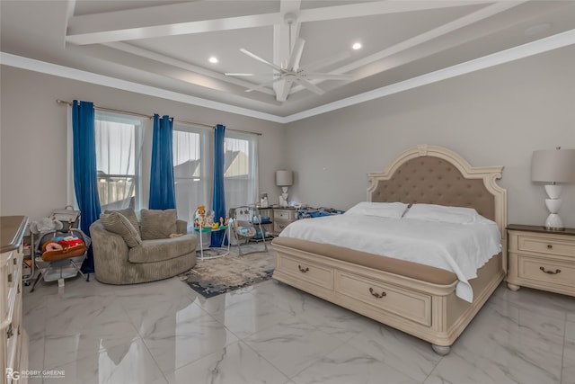 bedroom with crown molding, ceiling fan, coffered ceiling, and beam ceiling