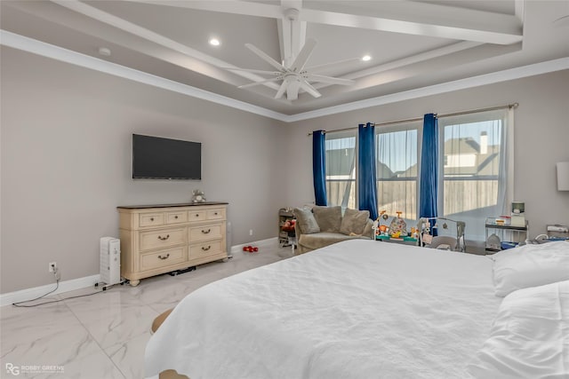 bedroom with ornamental molding and ceiling fan