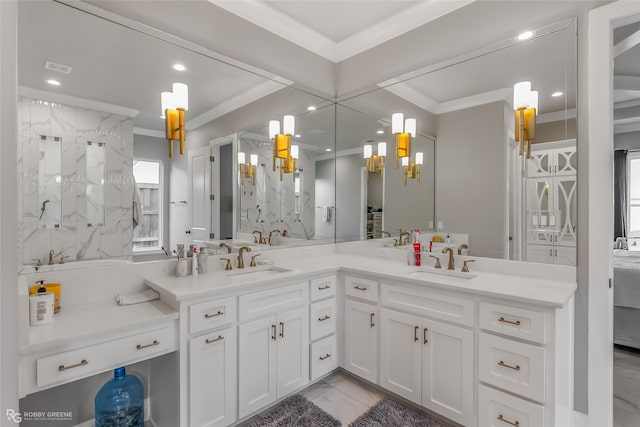 bathroom with crown molding, an enclosed shower, and vanity