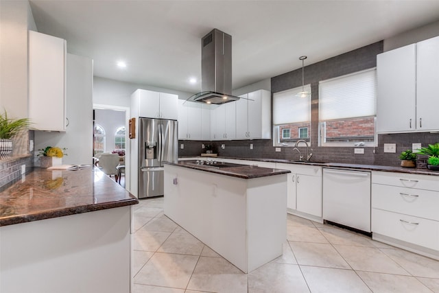 kitchen featuring island range hood, a center island, stainless steel fridge with ice dispenser, white dishwasher, and white cabinets