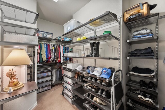 walk in closet featuring carpet flooring