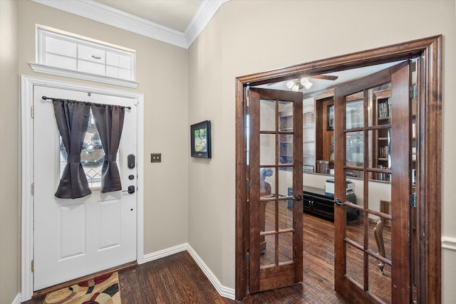 entrance foyer with crown molding, french doors, and wood-type flooring