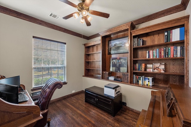 home office with ornamental molding, ceiling fan, and dark wood-type flooring