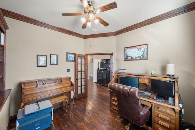 home office with crown molding, dark hardwood / wood-style floors, ceiling fan, and french doors