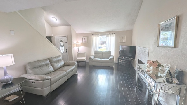 living room with vaulted ceiling and dark hardwood / wood-style flooring