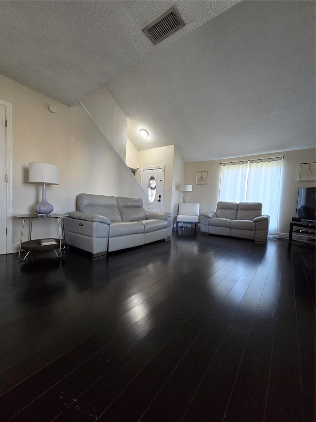 living room featuring lofted ceiling, dark wood-type flooring, and a textured ceiling