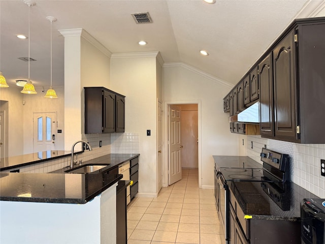 kitchen featuring vaulted ceiling, sink, light tile patterned floors, black range with electric stovetop, and hanging light fixtures