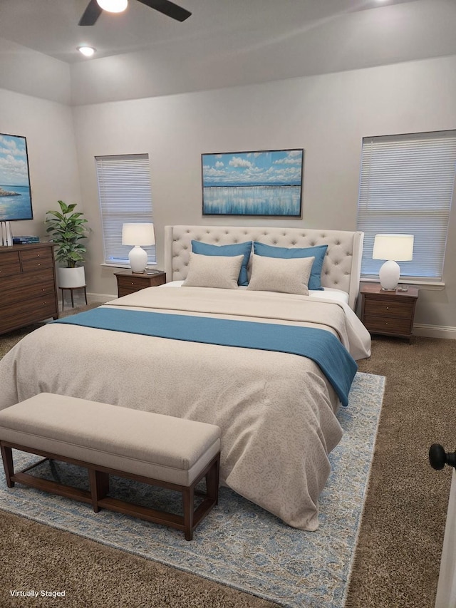 carpeted bedroom with ceiling fan