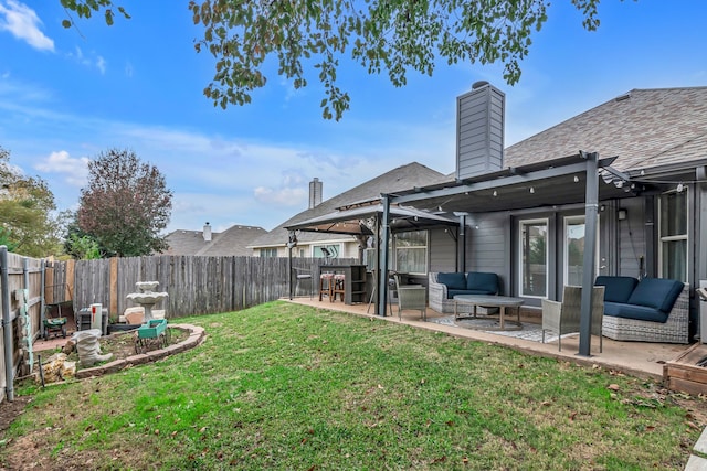 view of yard with an outdoor hangout area, a patio, and a fenced backyard