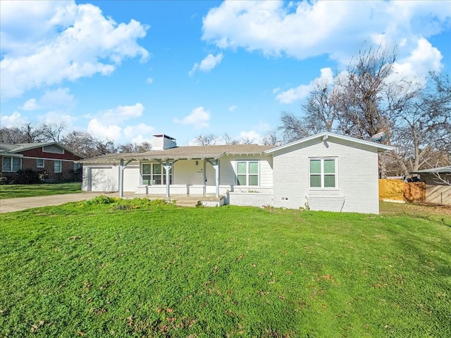 ranch-style house with a front lawn, a porch, and a garage