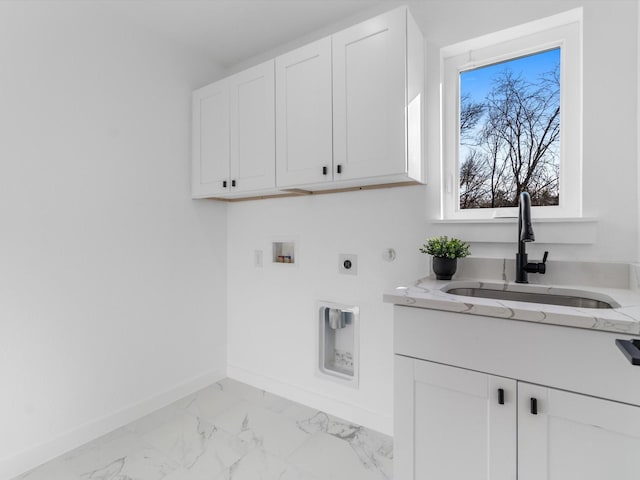 laundry area with cabinets, hookup for a gas dryer, electric dryer hookup, washer hookup, and sink