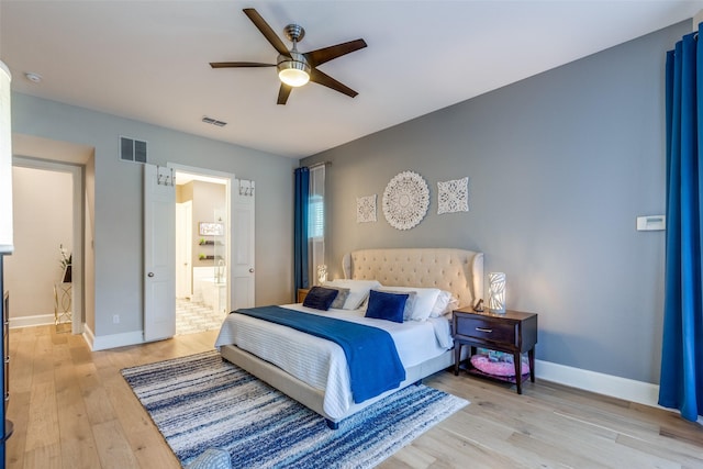 bedroom featuring ceiling fan and light hardwood / wood-style flooring