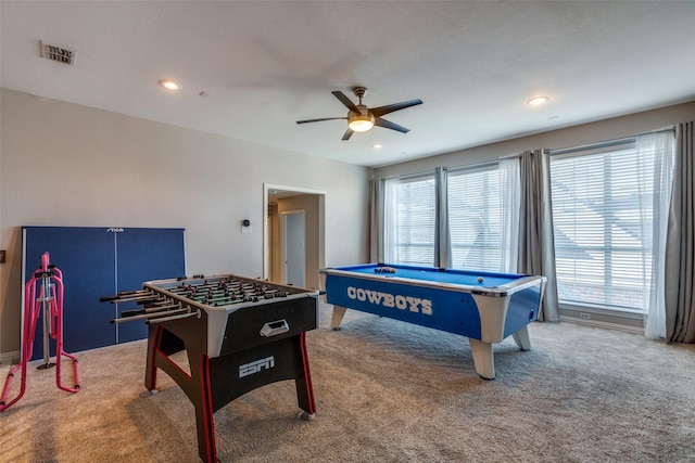 rec room with carpet flooring, plenty of natural light, ceiling fan, and billiards