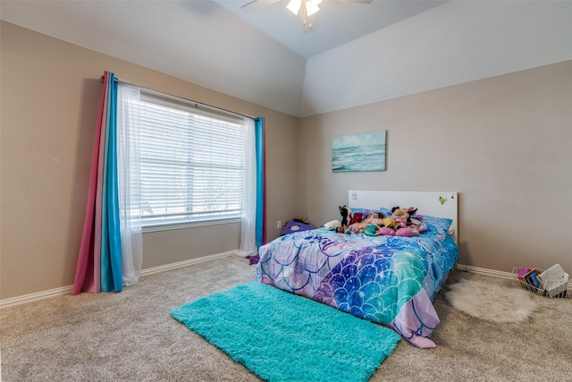 carpeted bedroom featuring ceiling fan and lofted ceiling