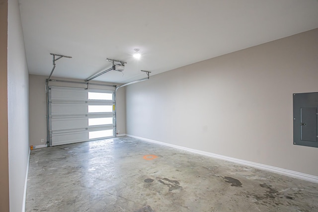 garage with electric panel and a garage door opener