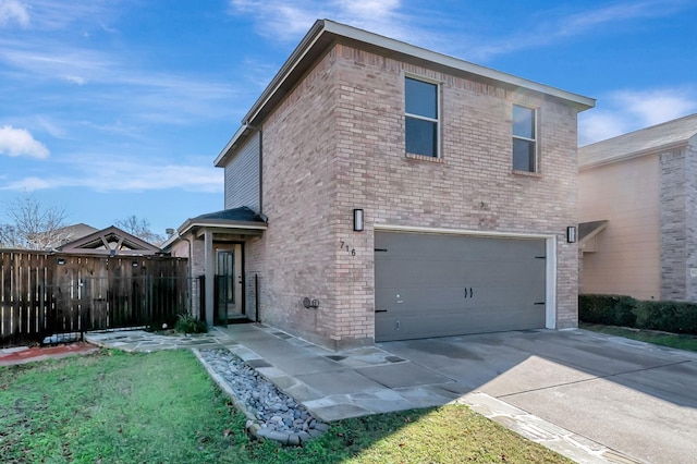 view of property exterior with driveway, a garage, fence, and brick siding