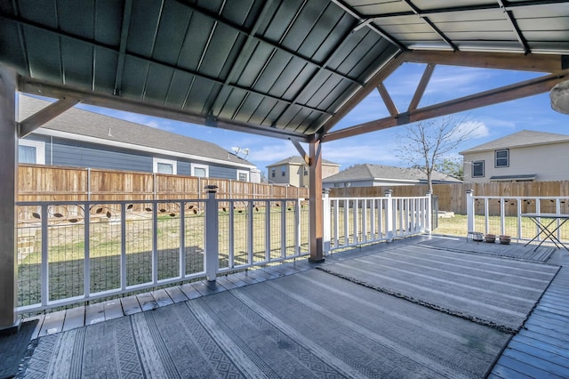 wooden terrace featuring a yard, a fenced backyard, and a residential view