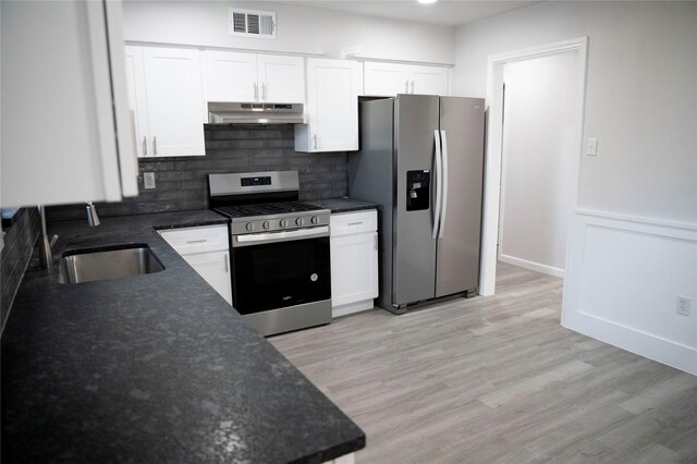 kitchen featuring decorative backsplash, white cabinetry, sink, and appliances with stainless steel finishes