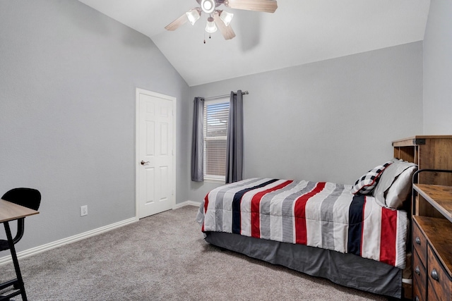 carpeted bedroom featuring ceiling fan and lofted ceiling