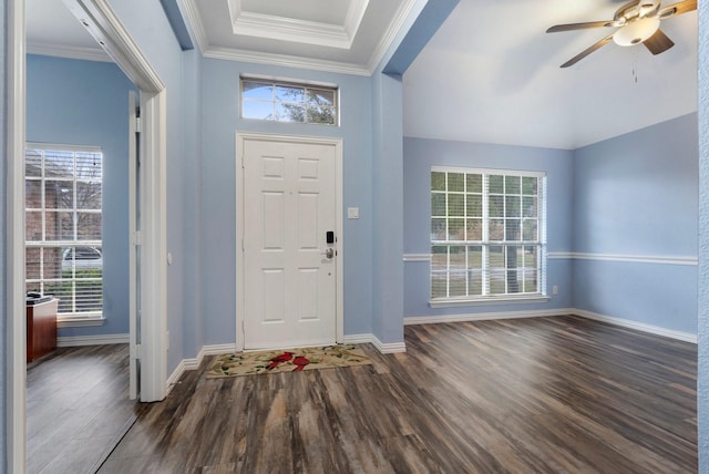 foyer entrance with dark hardwood / wood-style flooring, ceiling fan, and ornamental molding