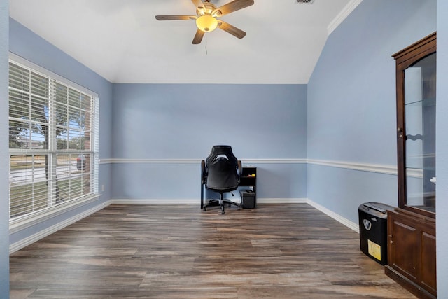 office featuring ceiling fan, lofted ceiling, and dark wood-type flooring