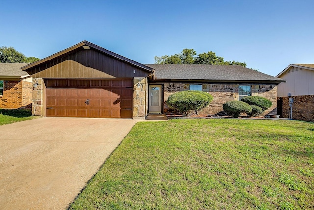 ranch-style house with a garage and a front yard