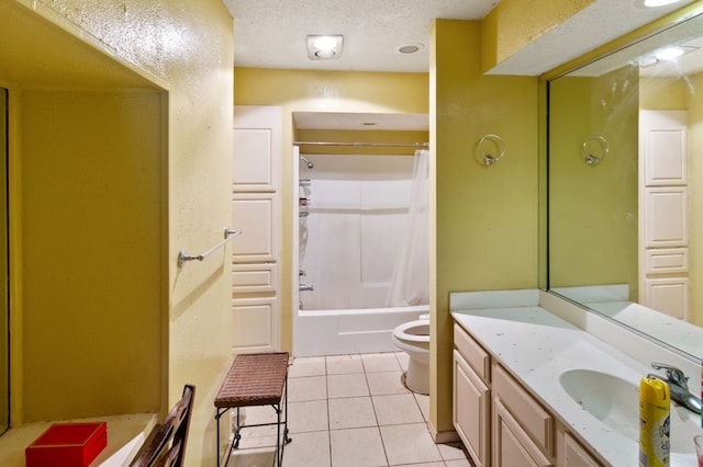 full bathroom featuring vanity, a textured ceiling, shower / tub combo with curtain, tile patterned flooring, and toilet