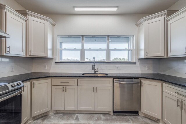 kitchen featuring dark stone counters, sink, tasteful backsplash, white cabinetry, and stainless steel appliances