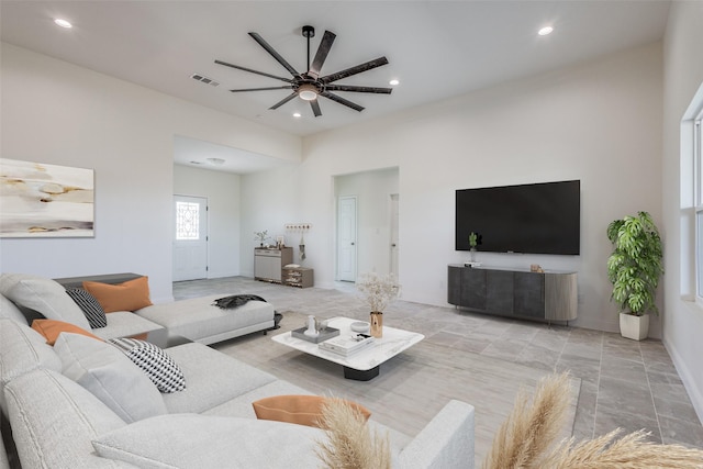 living room with ceiling fan