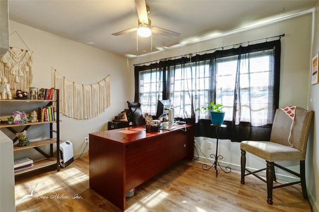 office area with light hardwood / wood-style flooring and ceiling fan