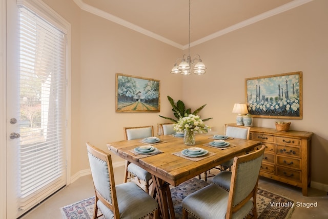 tiled dining space featuring a chandelier, a healthy amount of sunlight, baseboards, and crown molding