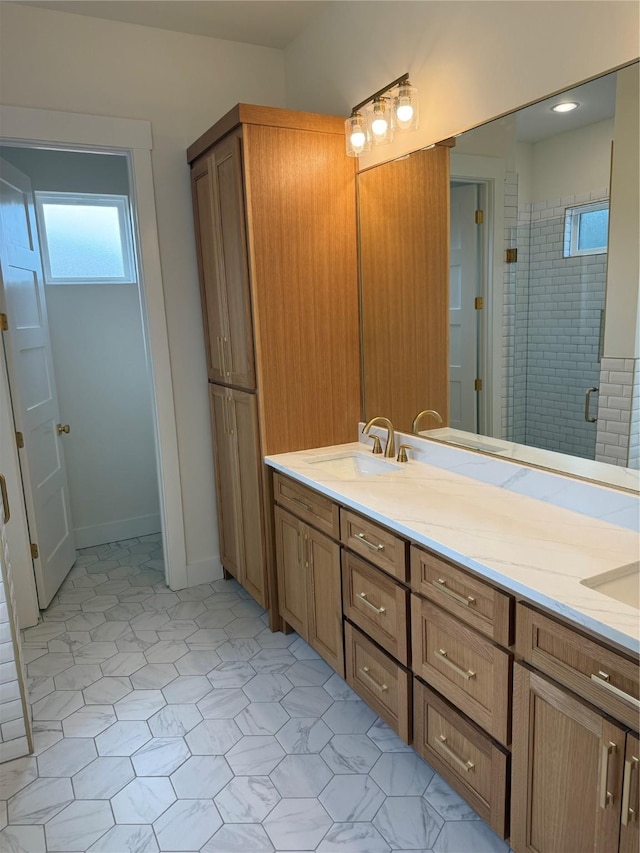 bathroom featuring vanity and walk in shower